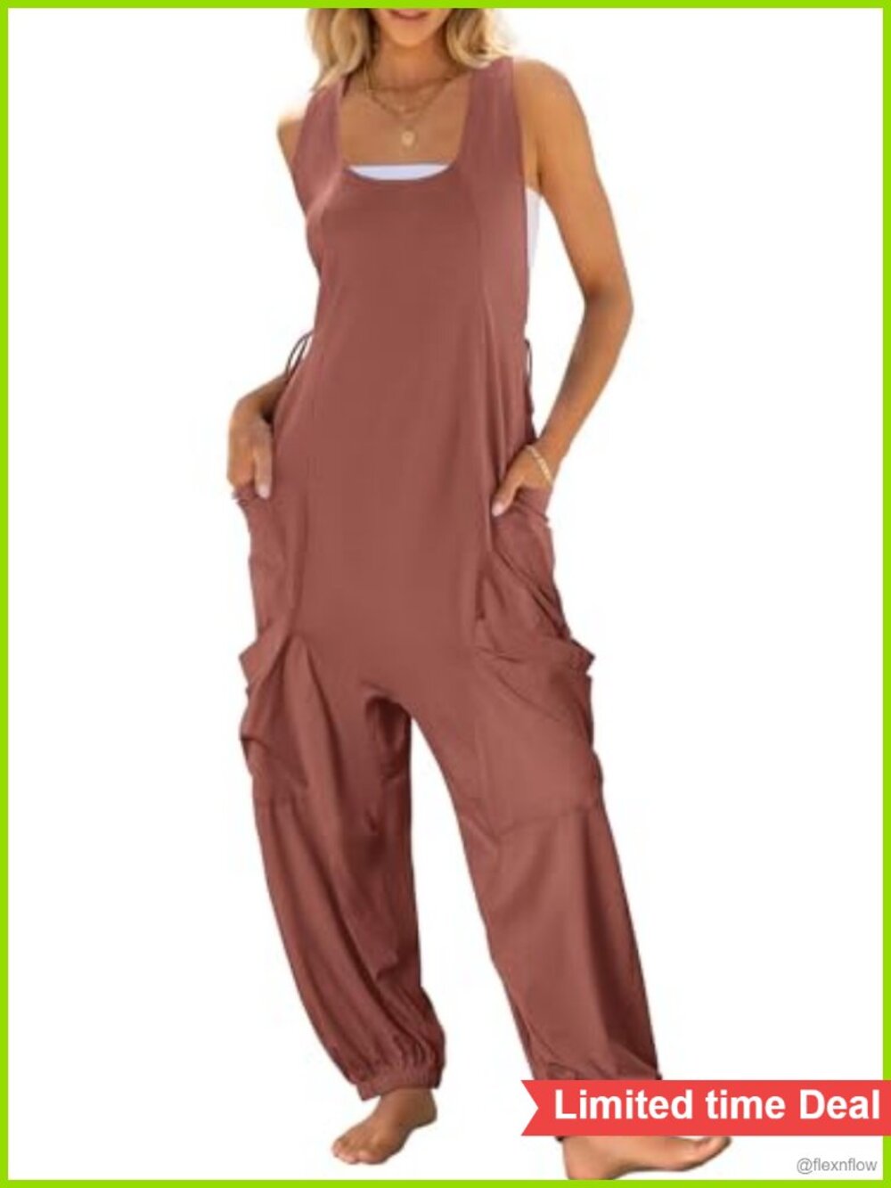 Sleeveless Scoop Neck Jumpsuit Loose Fit Overalls with Pockets